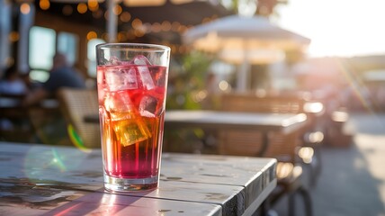 Tall glass with pink drink and ice cubes on wooden table
