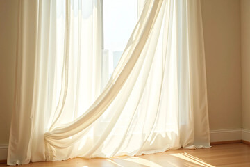Neutral curtains gently blowing through an open window in a peaceful, light-filled interior with soft natural tones and elegant daylight - ideal for real estate and lifestyle home branding visuals