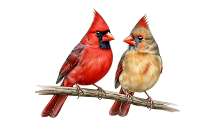 Pair of northern cardinals perched on a branch against a black background