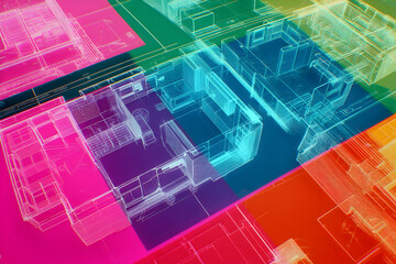 Colorful translucent objects create an abstract composition with vibrant hues and geometric shapes on a bright background