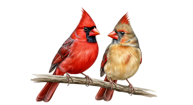 Pair of northern cardinals perched on a branch against a black background