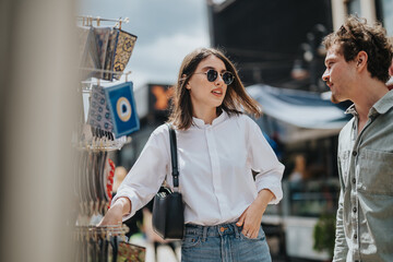 Two friends engaged in conversation at an outdoor market, enjoying shopping during sunny weather.