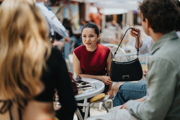 A group of young friends chatting and enjoying their time together at an outdoor cafe while...