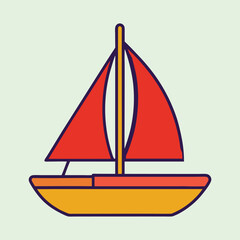 Stylized red and yellow sailboat illustration on light green background with dark outline