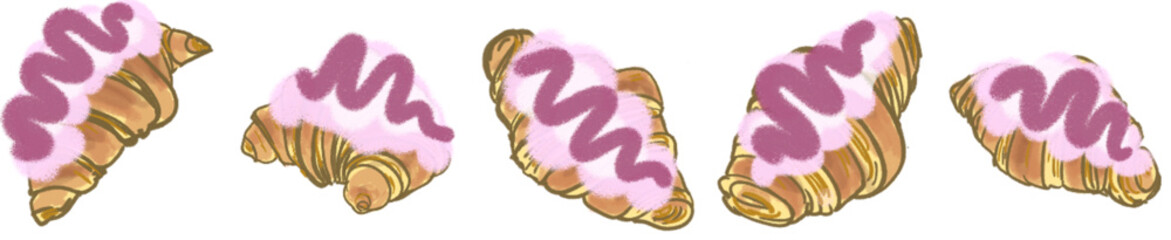Hand-drawn Croissant Pastry with Pink Cream and Icing Zigzag Topping – Cute Bakery Element Illustration for Digital Design