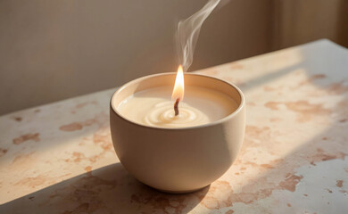 A lit candle in a white ceramic bowl, creating a soft glow and smoke, creates a warm and cozy atmosphere.