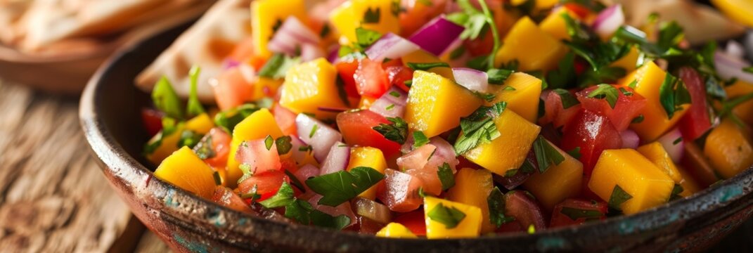 A colorful fruit salsa made with diced mango tomato red onion and cilantro served with wholewheat pita chips for a light and flavorful snack. - Powered by Adobe