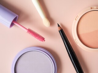 Top down view of makeup products on pink background