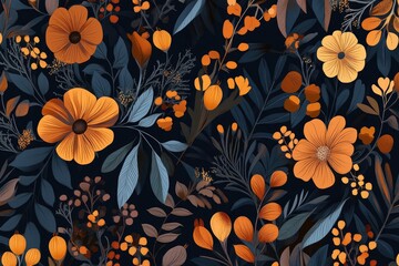 A rich floral pattern.  Deep navy background densely covered with orange-gold flowers and muted blue-grey leaves.  Soft details and varied flower sizes