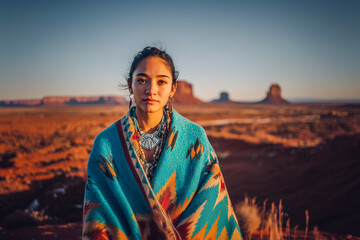 A woman wearing a blue blanket stands in front of a mountain