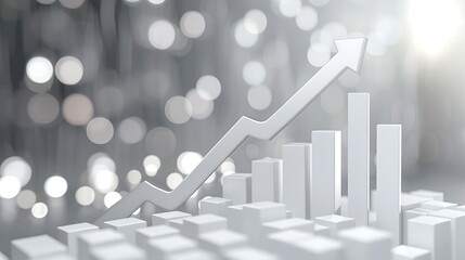 modern 3D render of a white bar chart with ascending values and jagged white line graph, large upward arrow and percentage symbol, soft gradient grey