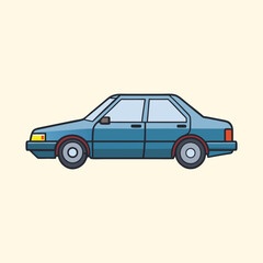 Cartoon illustration of a blue sedan car with outline style vector graphic