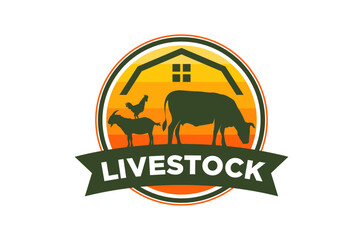 Farm animals logo design featuring a cow, goat, and rooster against a sunset backdrop. Vector illustration.