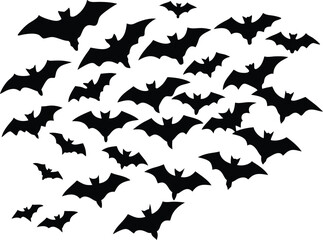 Minimal silhouette of a bat swarm flying at night isolated on transparent background