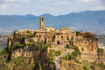 Close up panoramic aerial view of Civita di Bagnoregio with a view of the Calanchi Valley, Lazio, Bagnoregio, province of Viterbo.The most beautiful villages in Italy.The dying city