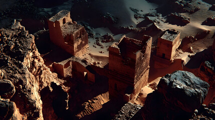 Ancient ruins emerge from desert sands, symbolizing time's passage and nature reclaiming human creations in an untouched landscape