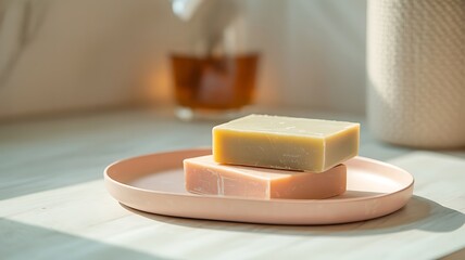Two bars of soap on a pink dish with soft light hygiene