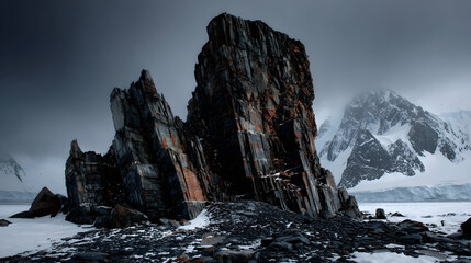 Majestic rock formations rise dramatically from icy waters under a moody sky in the untouched landscape of Antarctica