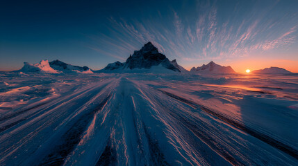 Majestic mountains illuminated by a vibrant sunset casting dramatic shadows over a glacial landscape in Antarctica