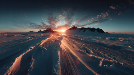 Majestic mountains illuminated by a vibrant sunset casting dramatic shadows over a glacial landscape in Antarctica
