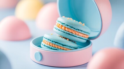 Two blue macarons with orange filling in a pink and blue box