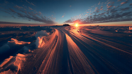Majestic mountains illuminated by a vibrant sunset casting dramatic shadows over a glacial landscape in Antarctica