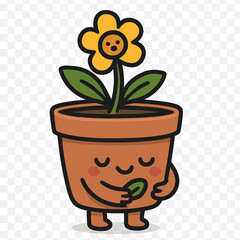 A cartoon potted plant character with a yellow flower, arms, and legs, looking content.
