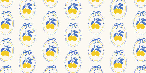 Hand drawn lemon pattern with vintage frame and ribbon. Retro countryside style design for fabric, stationery, wrapping paper, and cottage core inspired packaging. Vector doodle illustration.