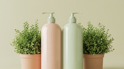 Two pump bottles with green plants on neutral background