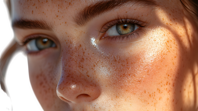 Close-up of stunning eyes with freckles, radiant skin and a captivating gaze, beauty concept - Powered by Adobe