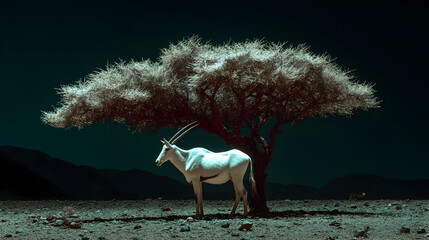 Majestic oryx standing under a solitary tree in a serene desert landscape during twilight hours