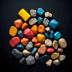 Minimalist Pebble Gradient: Aesthetic Flat Lay of Yellow, Red & Blue Stones on Dark Background - Textured Natural Patterns Studio Shot