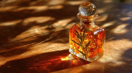 Herbal oil in glass bottle on wooden surface