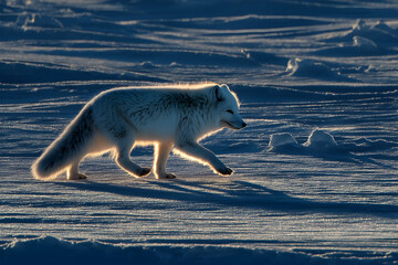 Arctic fox wandering across the icy landscape during a colorful sunset in the Arctic tundra