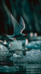 Majestic arctic tern gliding over icy waters during summer light, capturing the serenity and beauty of nature's elements