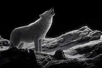 Wolf howling at the night sky in a snowy landscape, symbolizing wildness and freedom under a moonlit glow