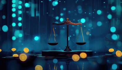 Digital scales of justice amidst a sea of cryptocurrency.  A vintage-style balance sits in a digital, ethereal space, surrounded by glowing, scattered crypto tokens and glowing lines
