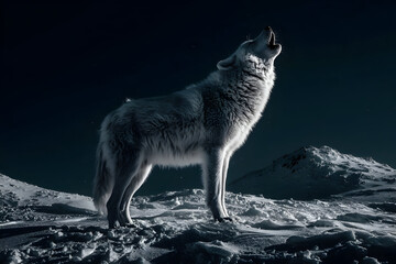 Wolf howling at the night sky in a snowy landscape, symbolizing wildness and freedom under a moonlit glow