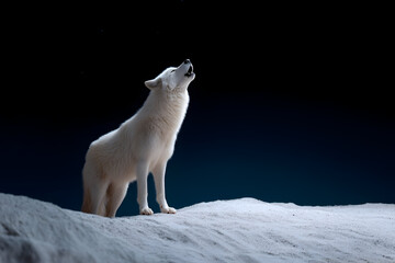 Wolf howling at the night sky in a snowy landscape, symbolizing wildness and freedom under a moonlit glow