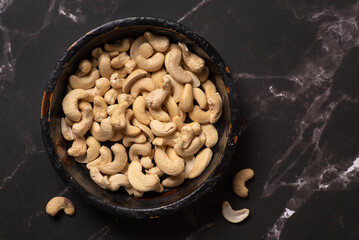 Raw Cashews In Rustic Bowl, Nutritious Snack For Health Lovers