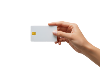 Hand holding a blank white credit card isolated on transparent background