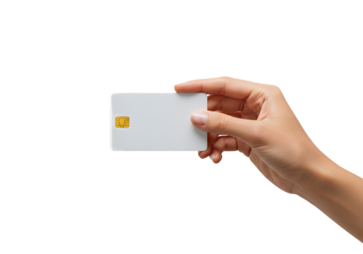 Hand holding a blank white credit card isolated on transparent background