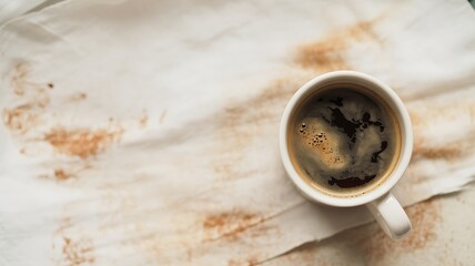 White Coffee Cup with Dark Coffee on Stained Napkin