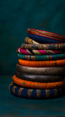 Stack of colorful bangles showcases traditional craftsmanship and vibrant cultural heritage at an outdoor market during the sunny afternoon