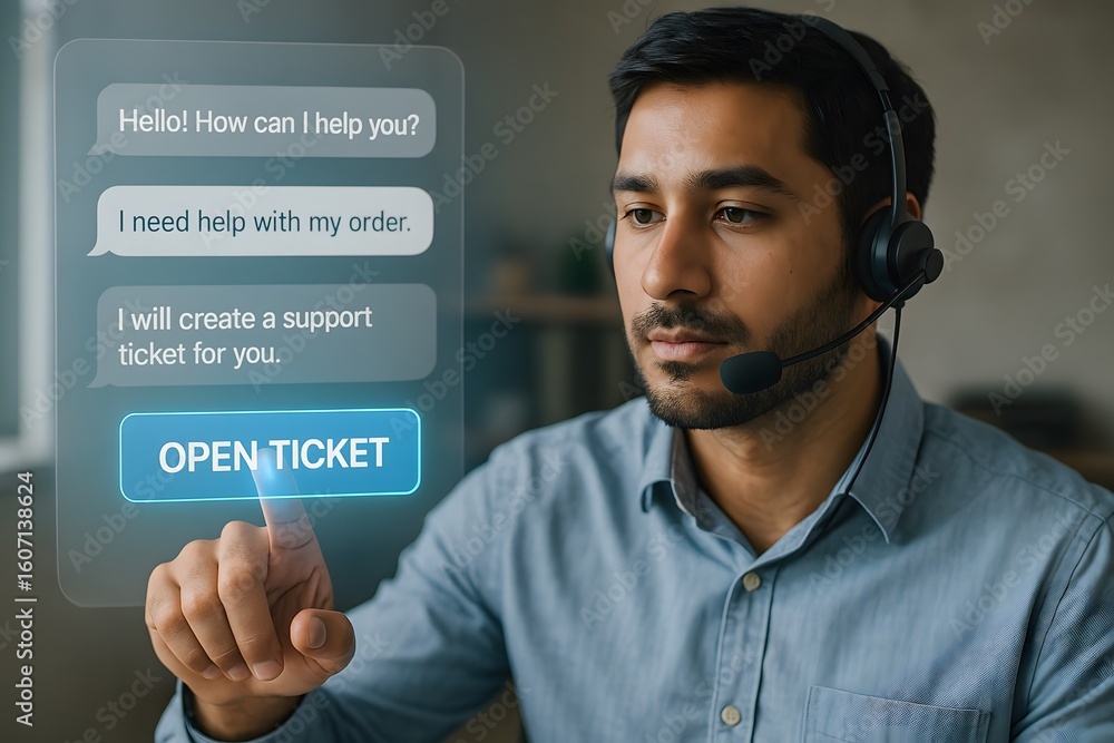 Poster a customer service representative interacting with a virtual interface and providing support