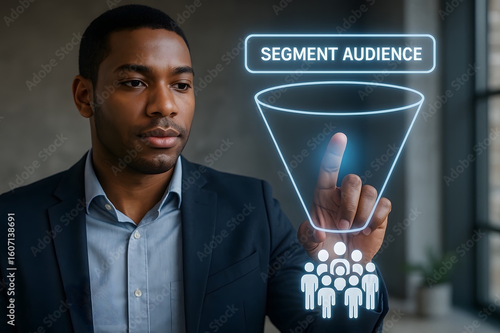 Aufkleber a man interacts with a digital funnel diagram representing audience segmentation