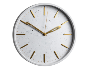 Modern Wall Clock with Concrete Face and Gold Accents, Textured Detail, Angled View, Transparent Background