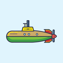 Colorful Submarine Cartoon Illustration with Detailed Features and Light Blue Background