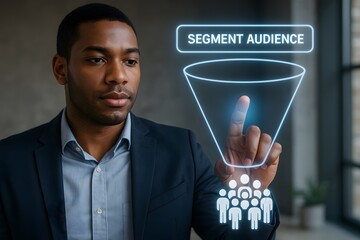 A man interacts with a digital funnel diagram representing audience segmentation