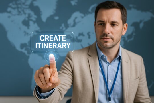 A person is touching the CREATE ITINERARY button, with world map background, which likely shows he is a traveler.